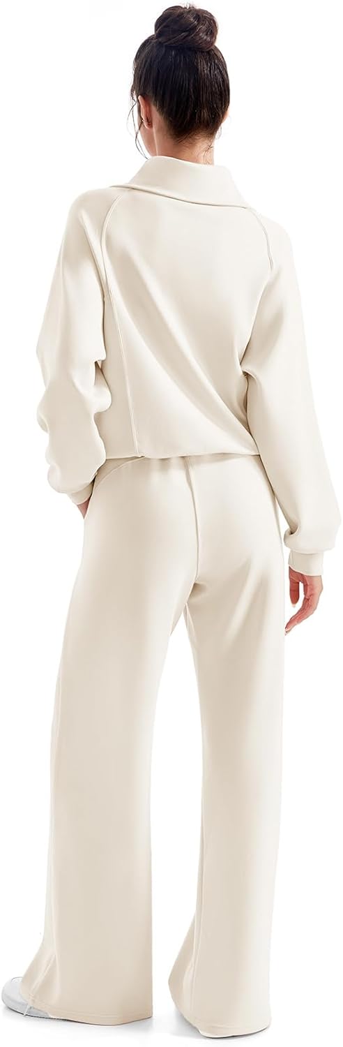 SUUKSESS Women 2 Piece Lounge Matching Set Wide Leg Sweatpant Half Zip Sweatshirt