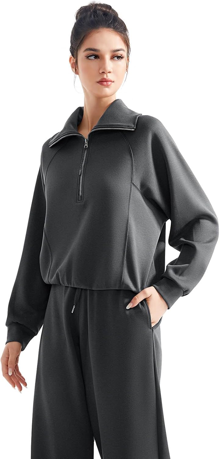 SUUKSESS Women 2 Piece Lounge Matching Set Wide Leg Sweatpant Half Zip Sweatshirt