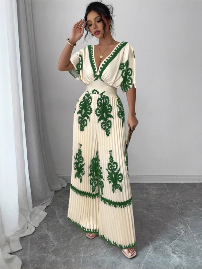 Elenzga Women's Print Batwing Sleeve Deep V Neck Ruched Jumpsuits For Vacation