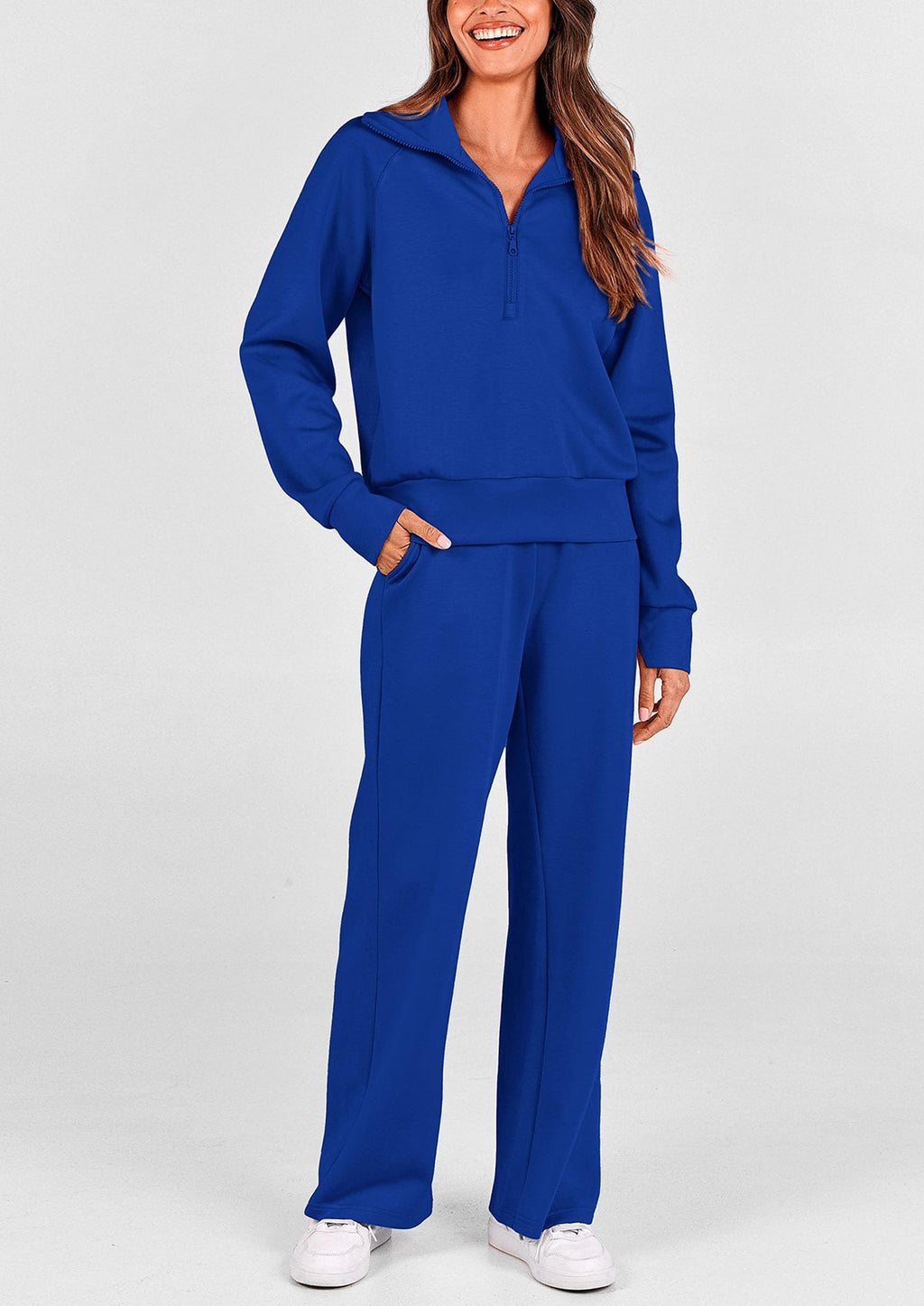 Women's 2 Piece Outfits Casual Lapel Half Zip Sweatshirts And Wide Leg Pants Tracksuit Sets