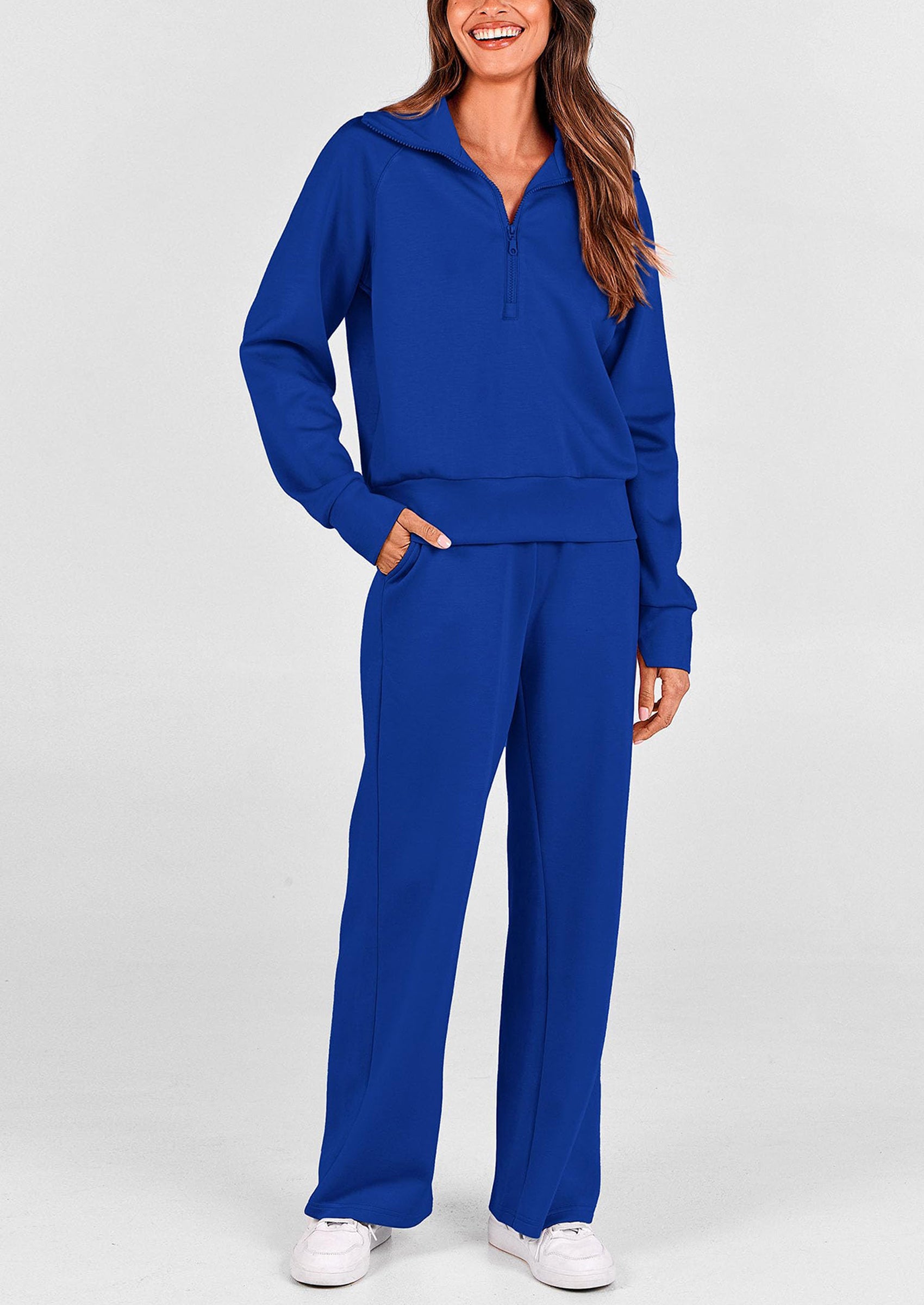 Women's 2 Piece Outfits Casual Lapel Half Zip Sweatshirts And Wide Leg Pants Tracksuit Sets