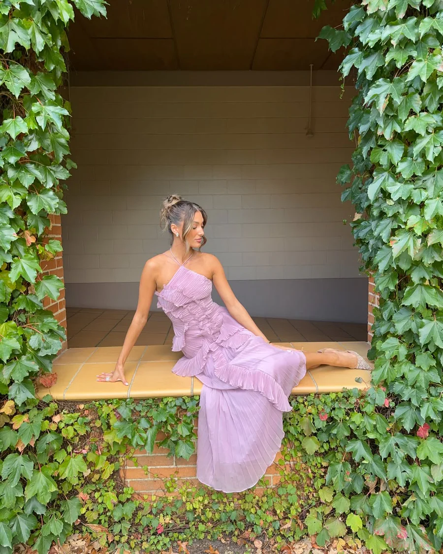 Pleated Ruffled Halter Backless A- Hem Chiffon Elegant Dress