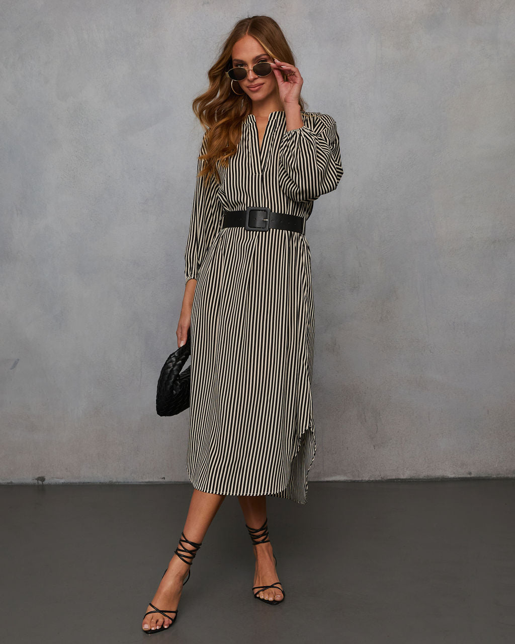 Dimarco Striped Pocketed Belted Midi Dress