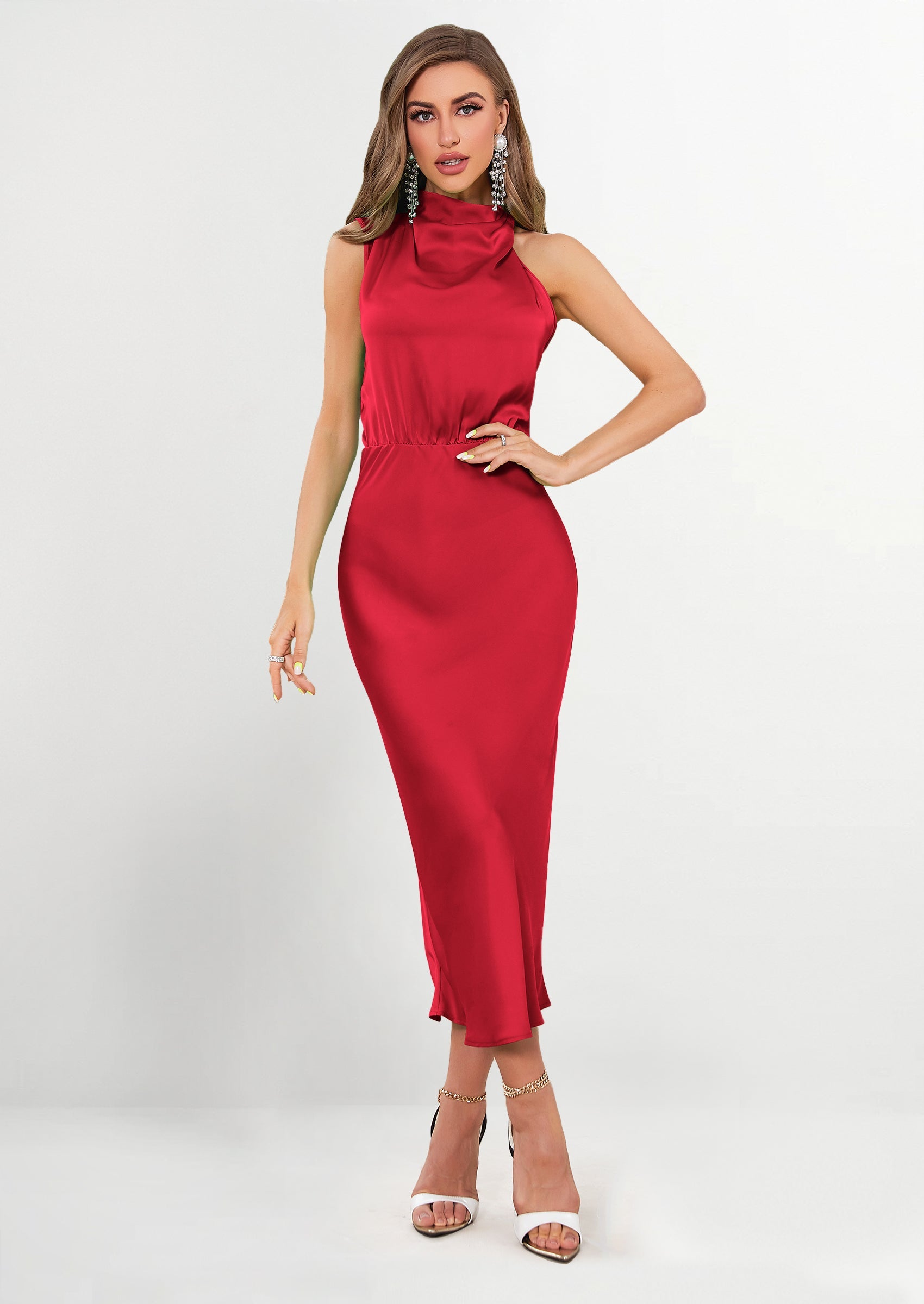 Women's Summer Satin Dress Elegant Sleeveless Mock Neck Cocktail Party Maxi Dresses