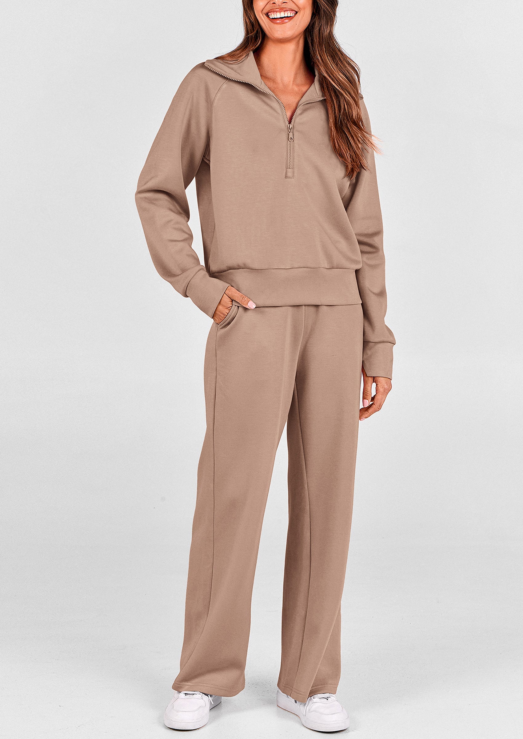 Women's 2 Piece Outfits Casual Lapel Half Zip Sweatshirts And Wide Leg Pants Tracksuit Sets