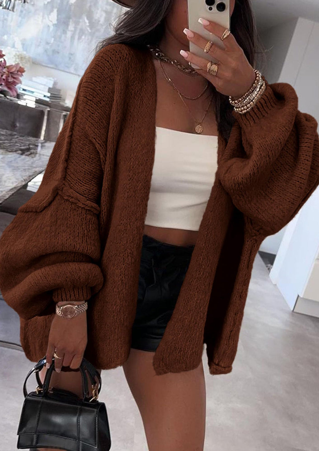 Womens Oversized Cardigan Sweaters Fall Long Lantern Sleeve Knit Open Front Lightweight Sweater