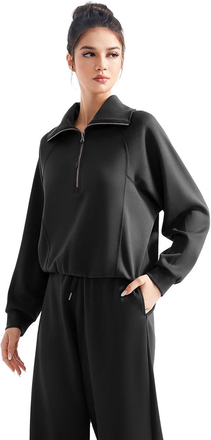 SUUKSESS Women 2 Piece Lounge Matching Set Wide Leg Sweatpant Half Zip Sweatshirt