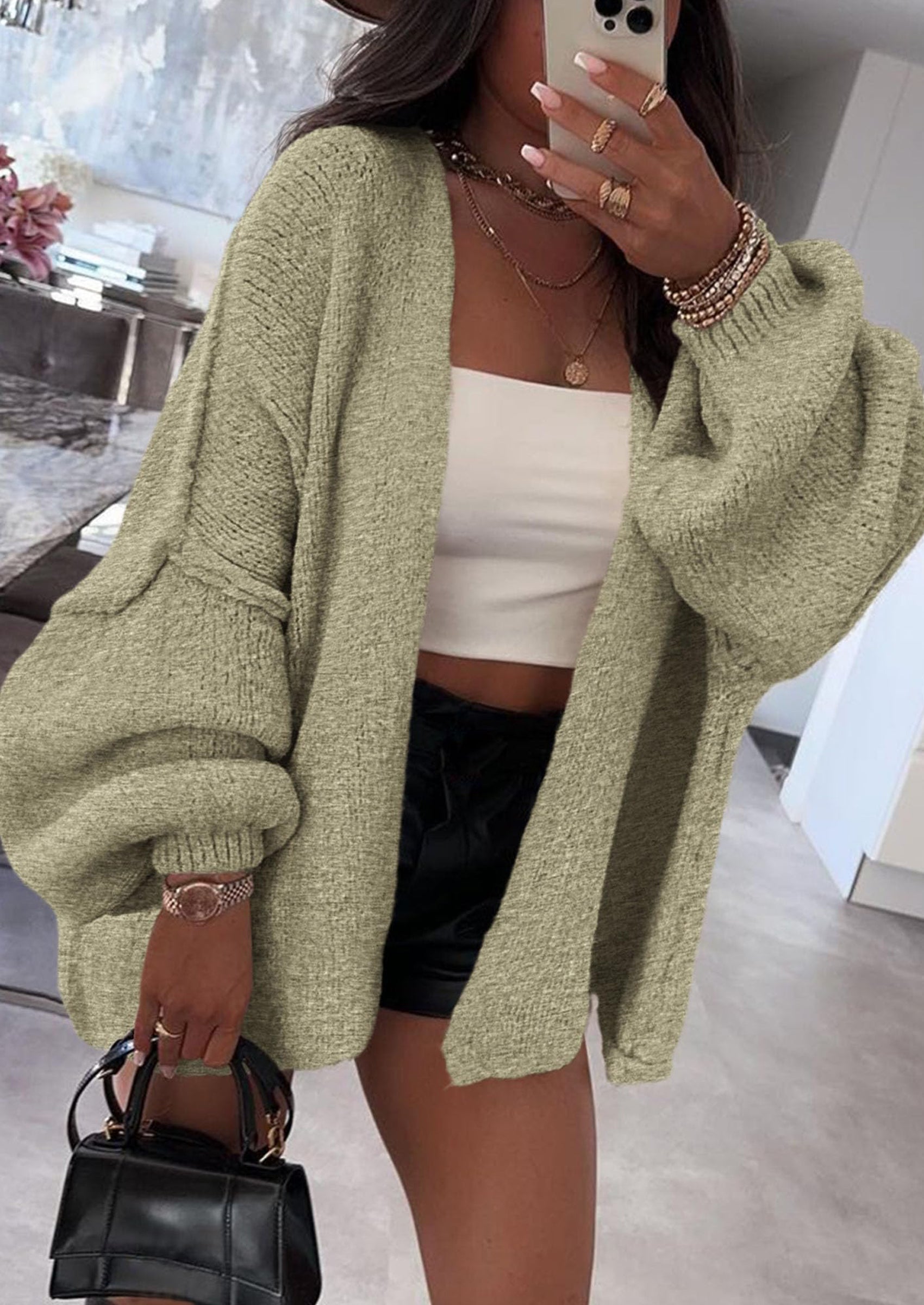 Womens Oversized Cardigan Sweaters Fall Long Lantern Sleeve Knit Open Front Lightweight Sweater