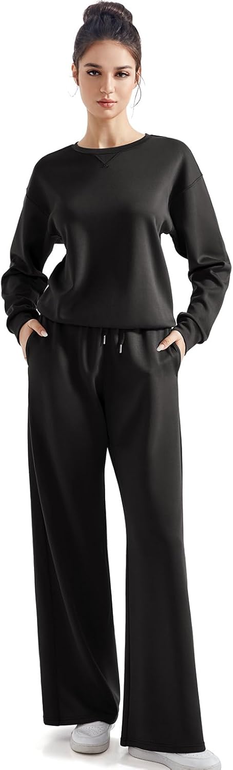 SUUKSESS Women Modal Fall 2 piece outfits Oversized Sweatshirt Wide Leg Pants