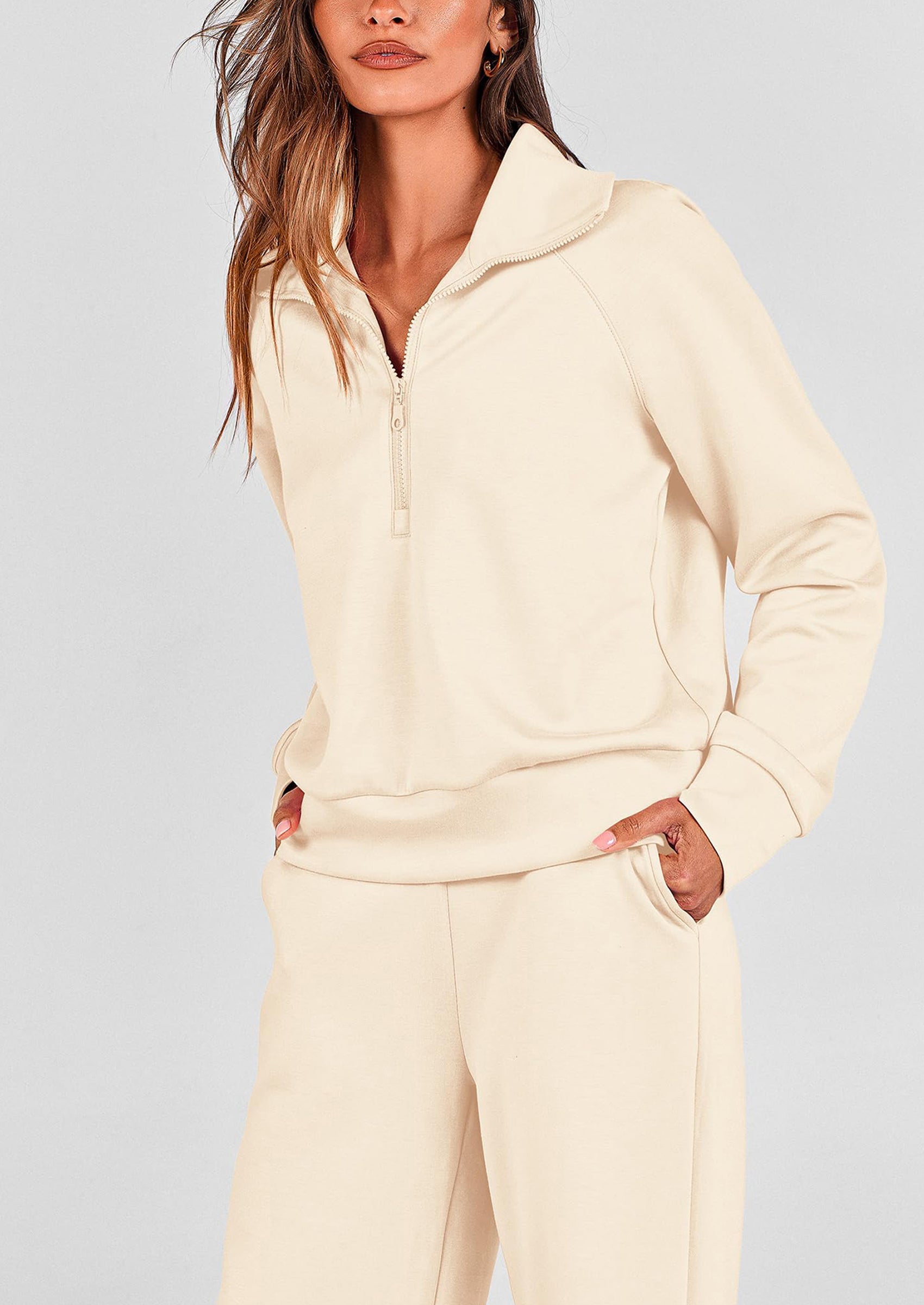 Women's 2 Piece Outfits Casual Lapel Half Zip Sweatshirts And Wide Leg Pants Tracksuit Sets