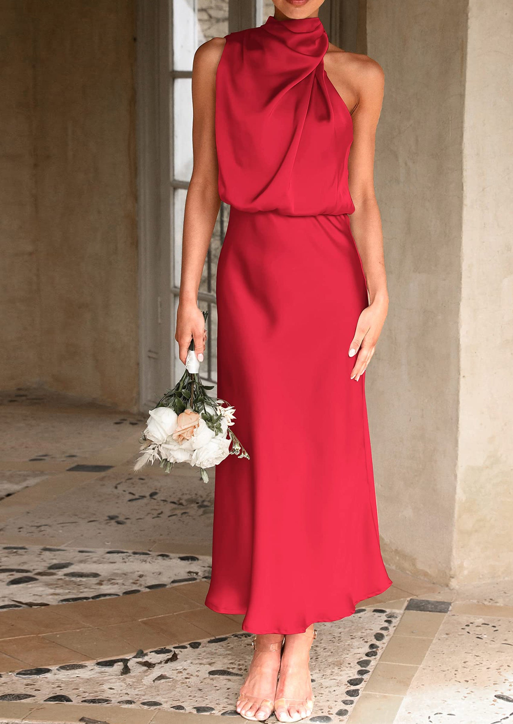 Women's Summer Satin Dress Elegant Sleeveless Mock Neck Cocktail Party Maxi Dresses