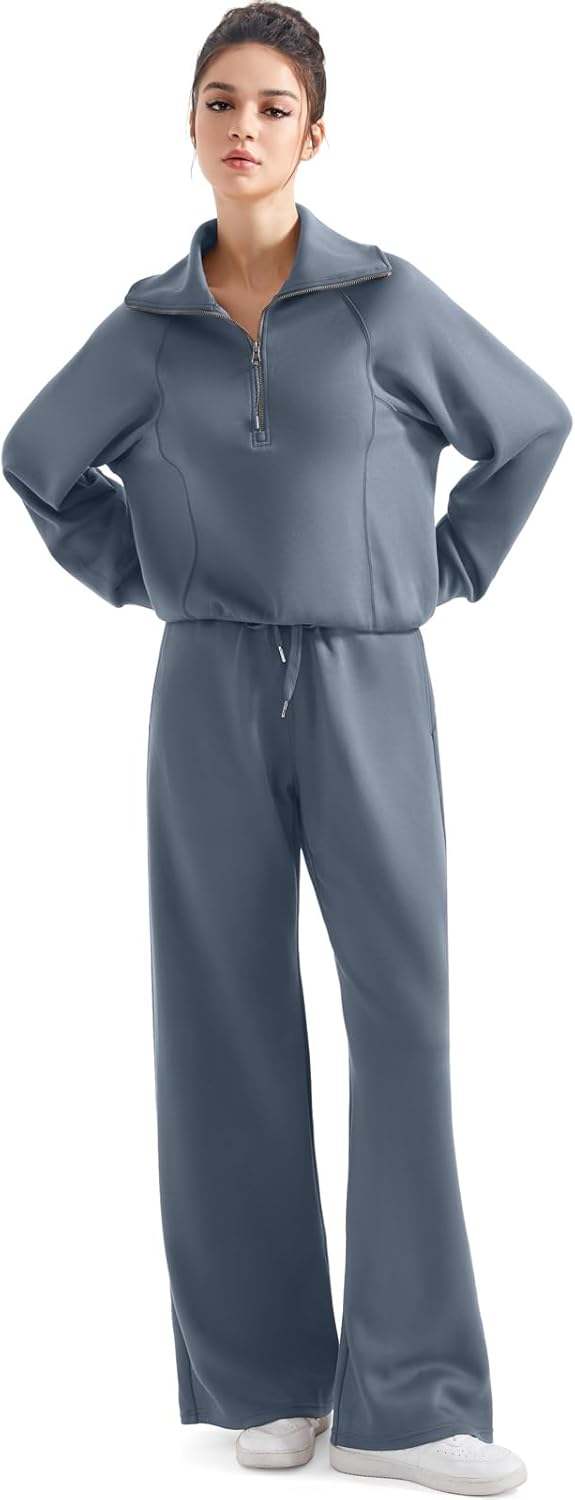 SUUKSESS Women 2 Piece Lounge Matching Set Wide Leg Sweatpant Half Zip Sweatshirt