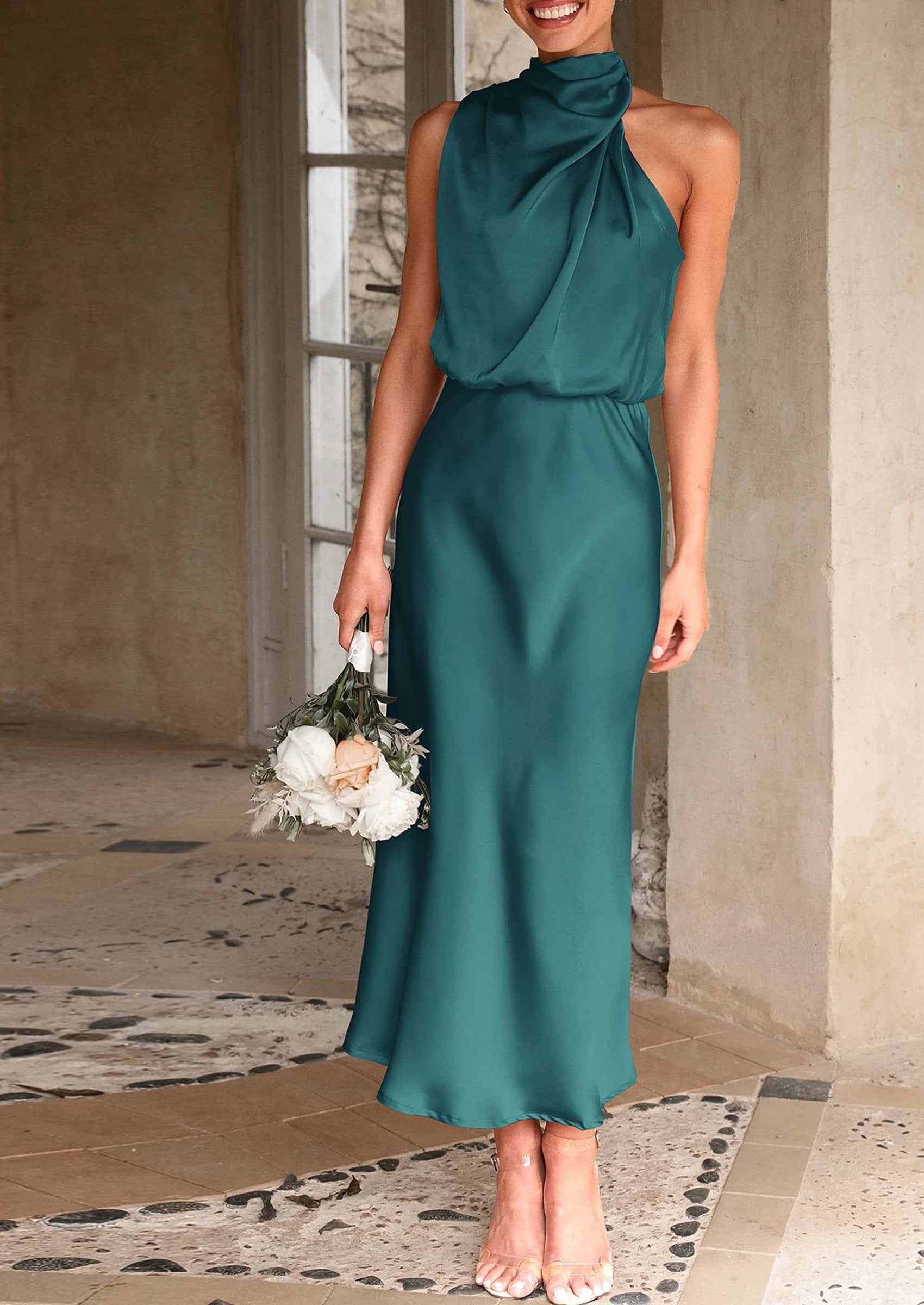 Women's Summer Satin Dress Elegant Sleeveless Mock Neck Cocktail Party Maxi Dresses