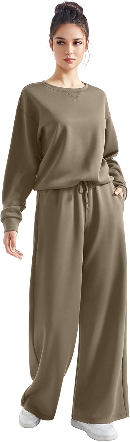 SUUKSESS Women Modal Fall 2 piece outfits Oversized Sweatshirt Wide Leg Pants