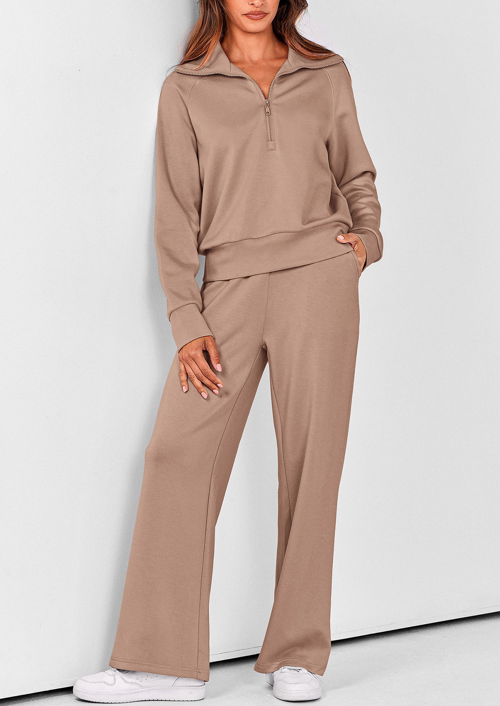 Women's 2 Piece Outfits Casual Lapel Half Zip Sweatshirts And Wide Leg Pants Tracksuit Sets