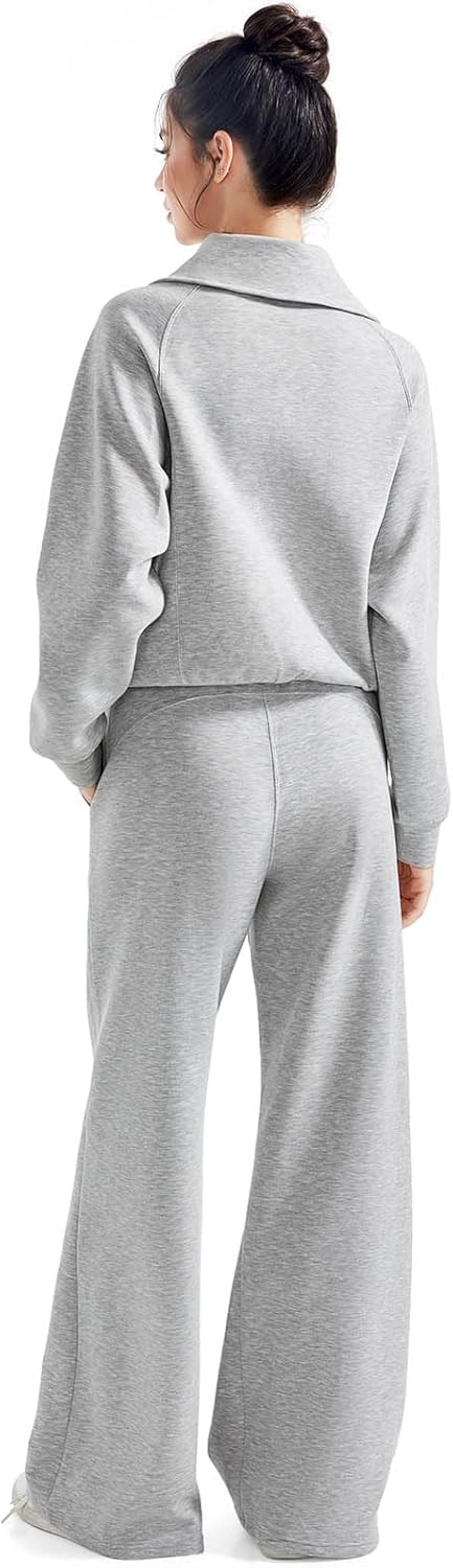 SUUKSESS Women 2 Piece Lounge Matching Set Wide Leg Sweatpant Half Zip Sweatshirt