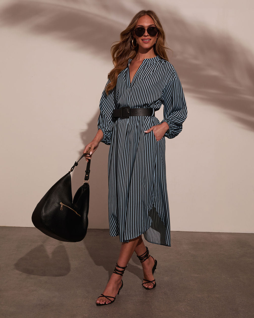 Dimarco Striped Pocketed Belted Midi Dress