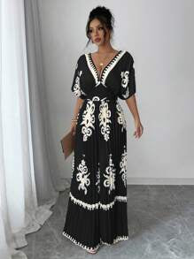 Elenzga Women's Print Batwing Sleeve Deep V Neck Ruched Jumpsuits For Vacation