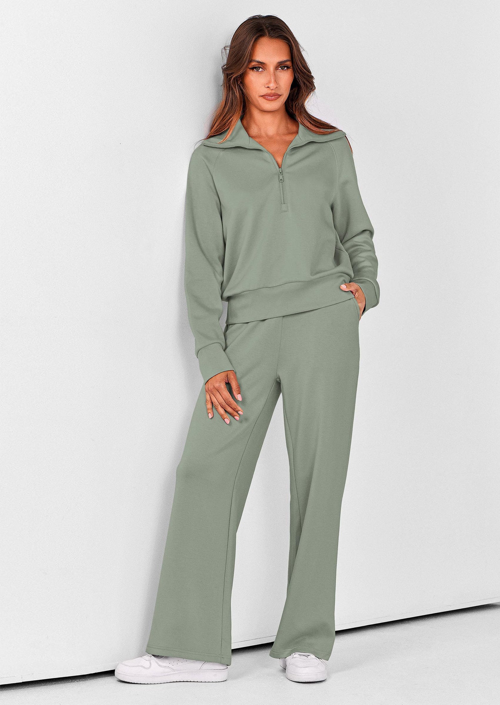 Women's 2 Piece Outfits Casual Lapel Half Zip Sweatshirts And Wide Leg Pants Tracksuit Sets