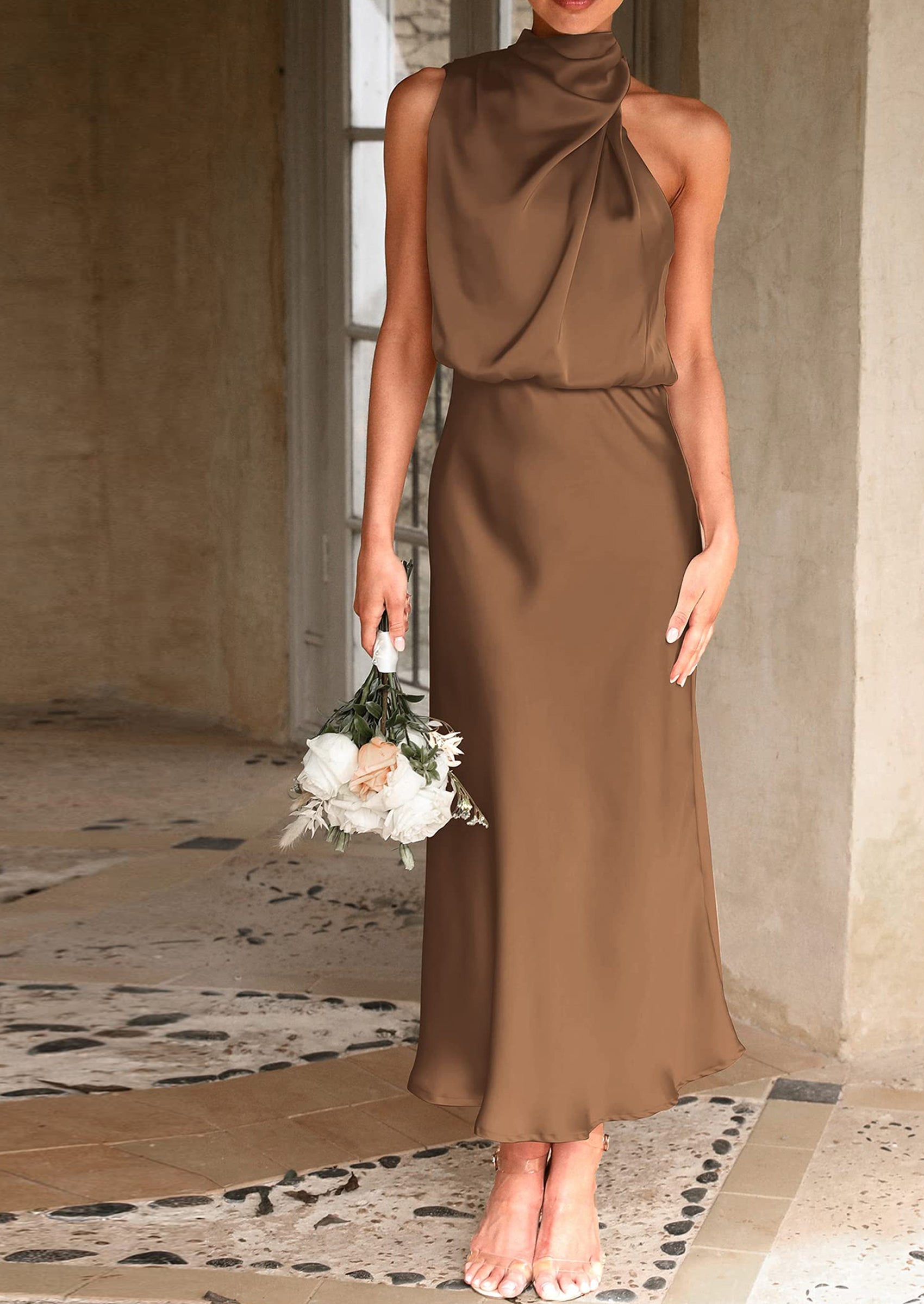 Women's Summer Satin Dress Elegant Sleeveless Mock Neck Cocktail Party Maxi Dresses