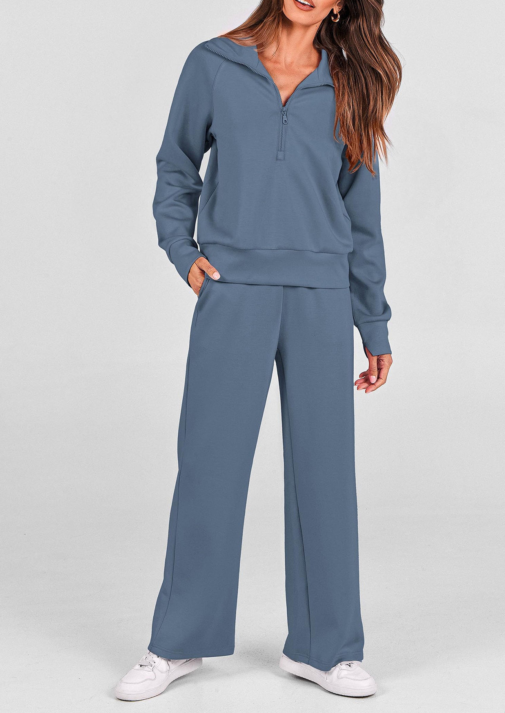 Women's 2 Piece Outfits Casual Lapel Half Zip Sweatshirts And Wide Leg Pants Tracksuit Sets