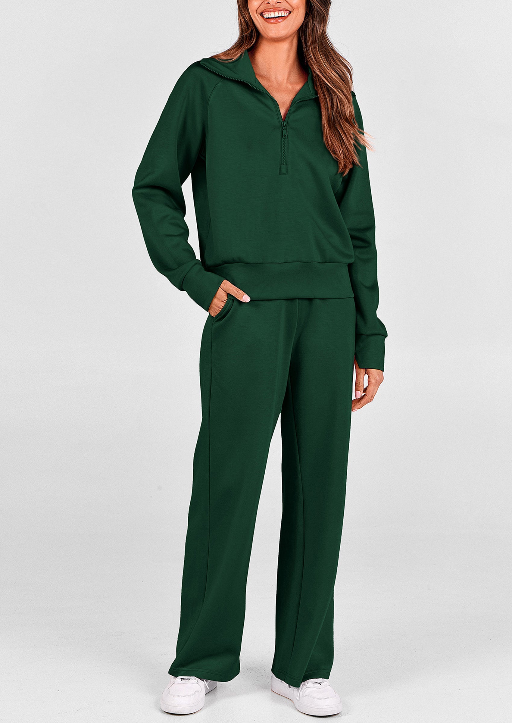 Women's 2 Piece Outfits Casual Lapel Half Zip Sweatshirts And Wide Leg Pants Tracksuit Sets