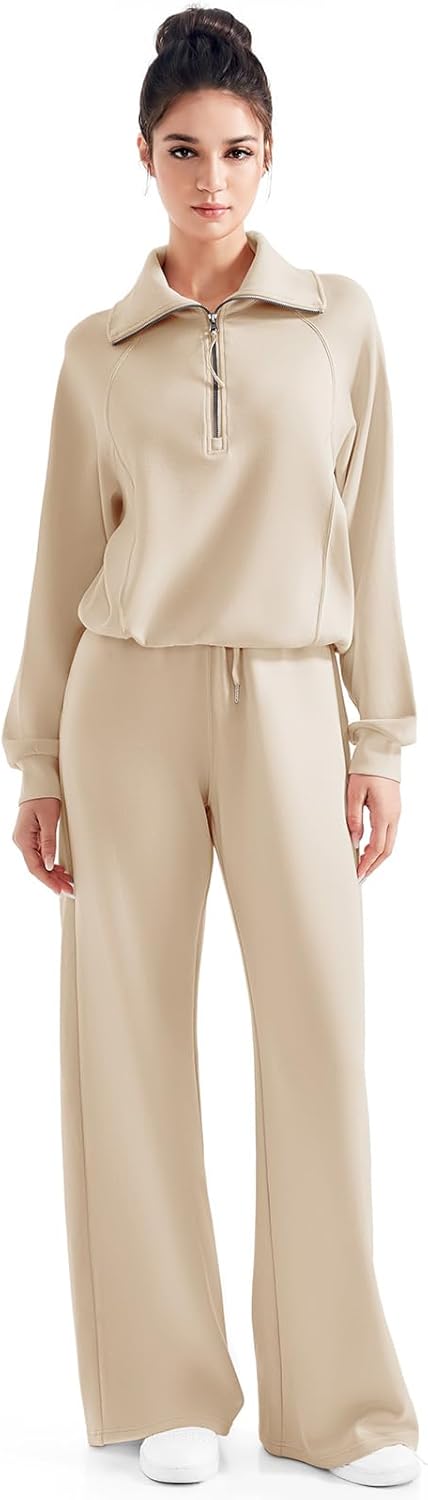SUUKSESS Women 2 Piece Lounge Matching Set Wide Leg Sweatpant Half Zip Sweatshirt