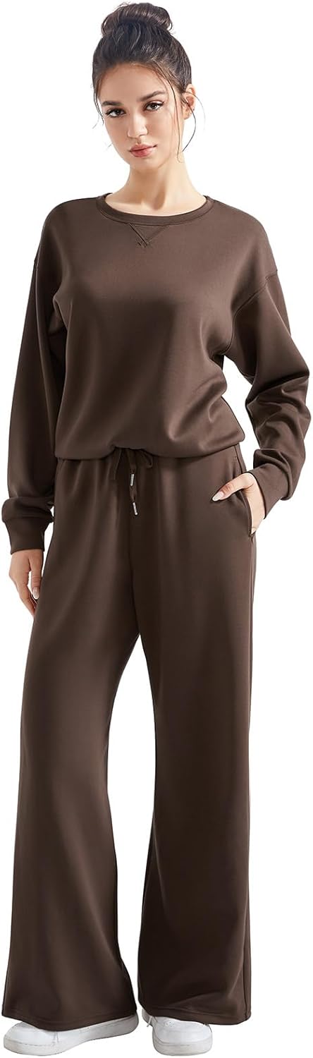 SUUKSESS Women Modal Fall 2 piece outfits Oversized Sweatshirt Wide Leg Pants