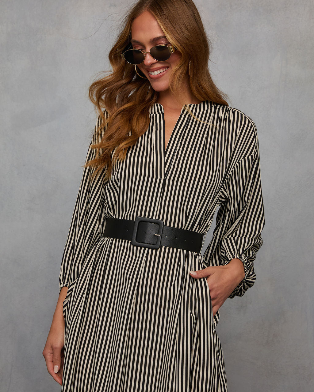 Dimarco Striped Pocketed Belted Midi Dress