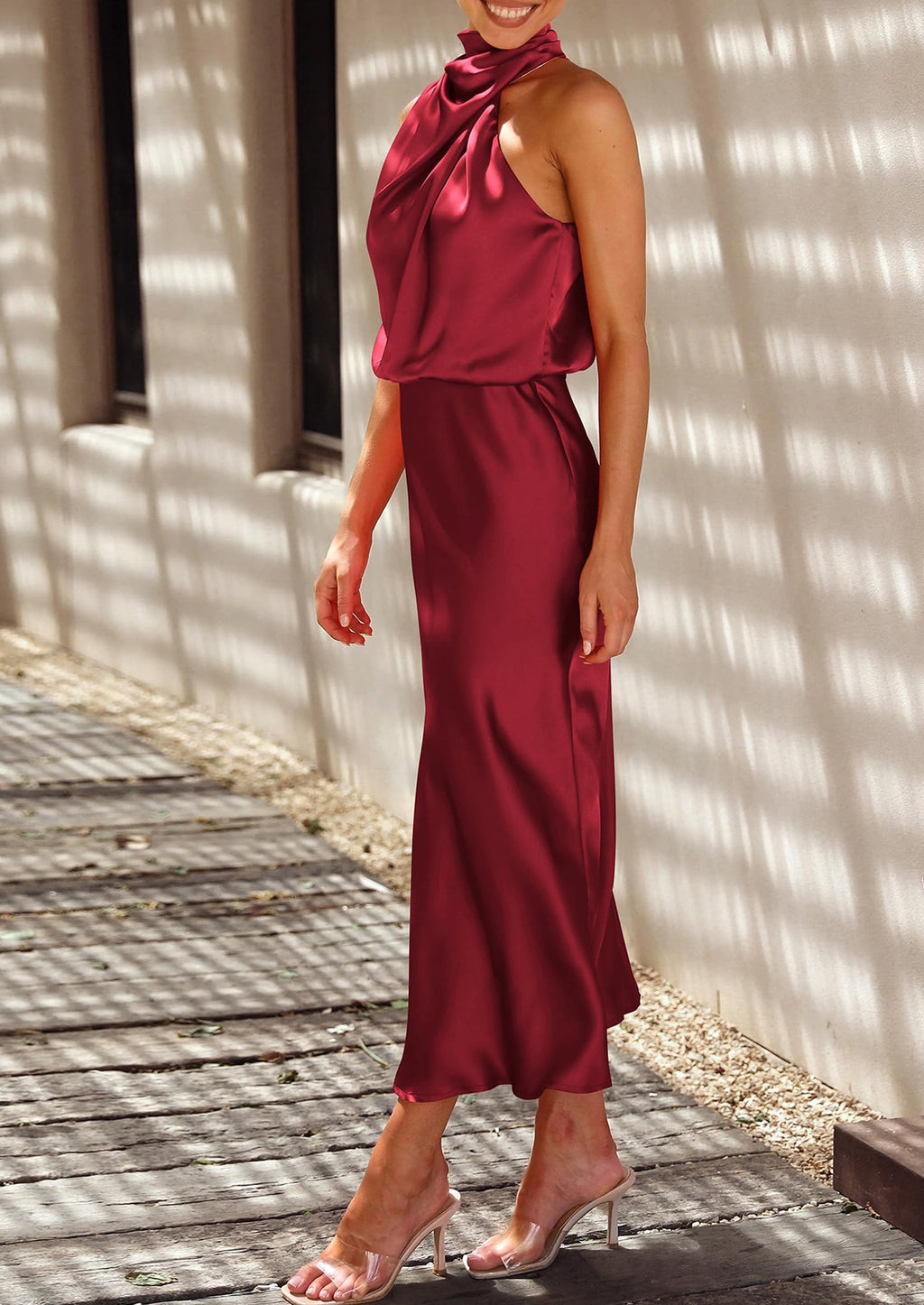 Women's Summer Satin Dress Elegant Sleeveless Mock Neck Cocktail Party Maxi Dresses