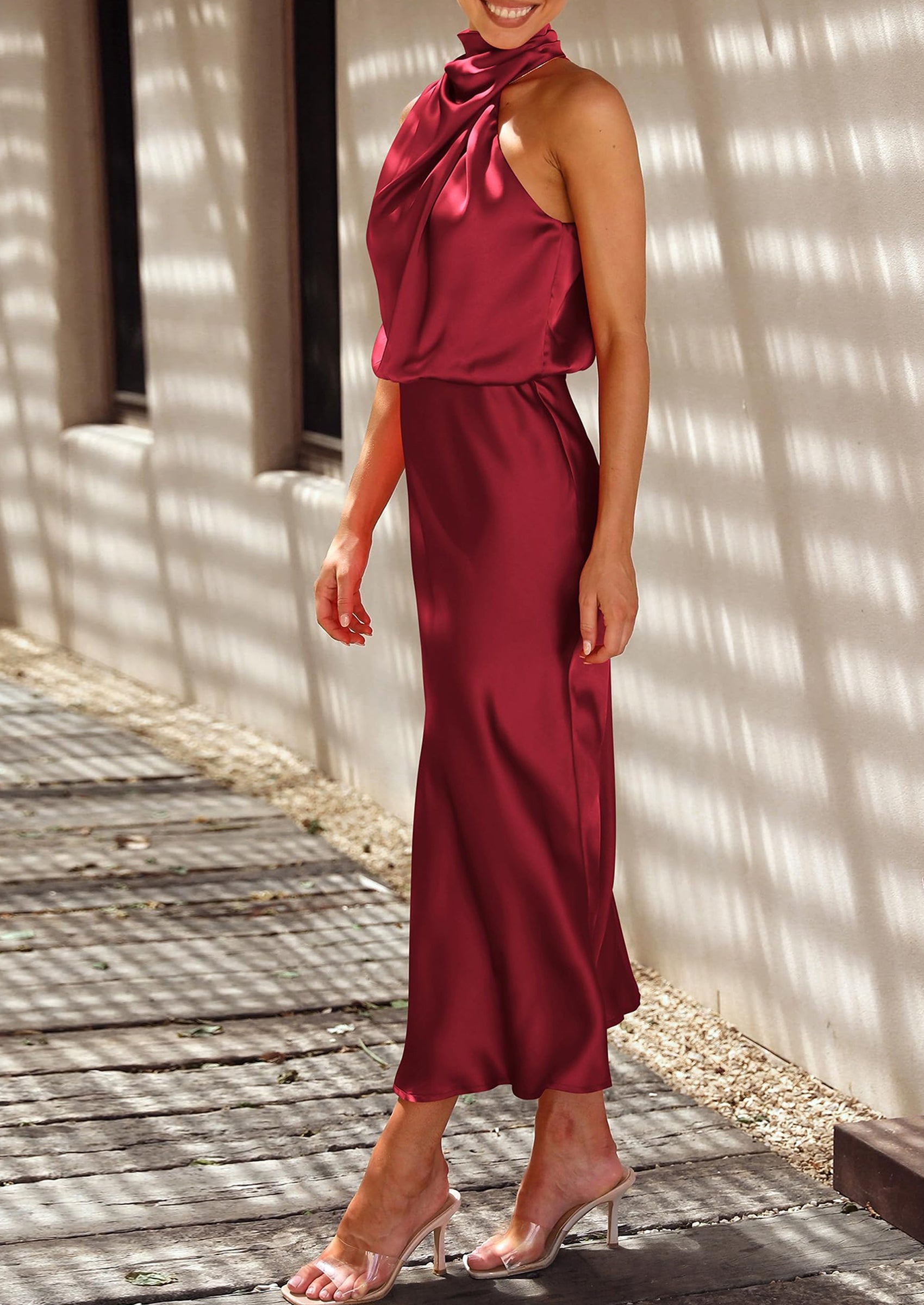 Women's Summer Satin Dress Elegant Sleeveless Mock Neck Cocktail Party Maxi Dresses