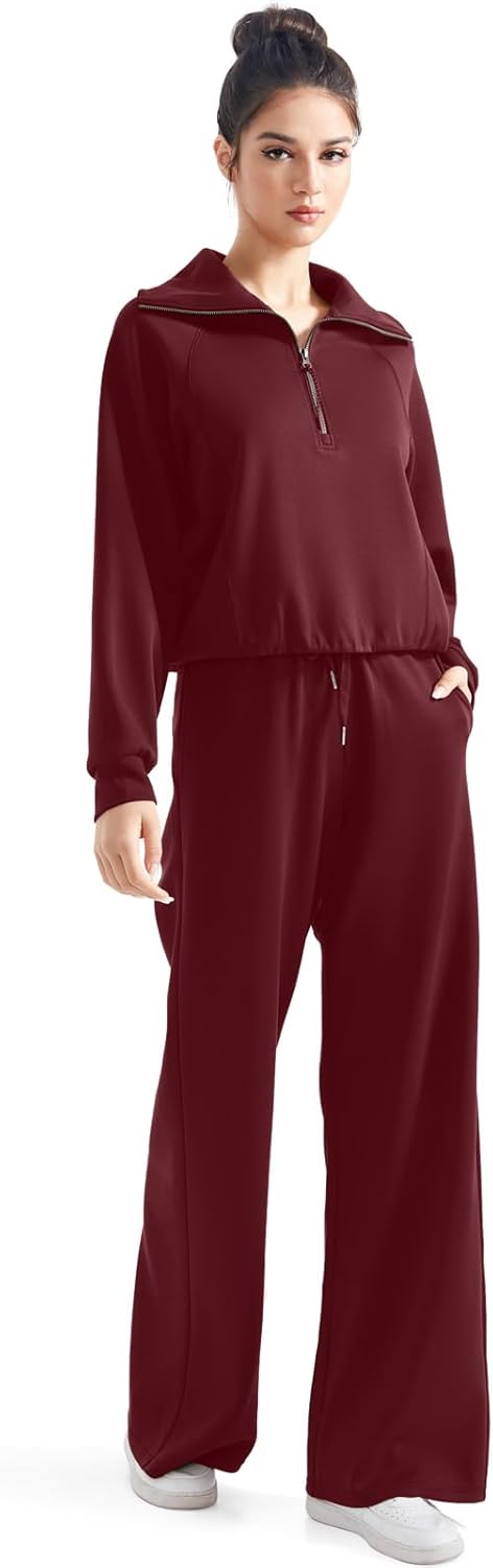 SUUKSESS Women 2 Piece Lounge Matching Set Wide Leg Sweatpant Half Zip Sweatshirt