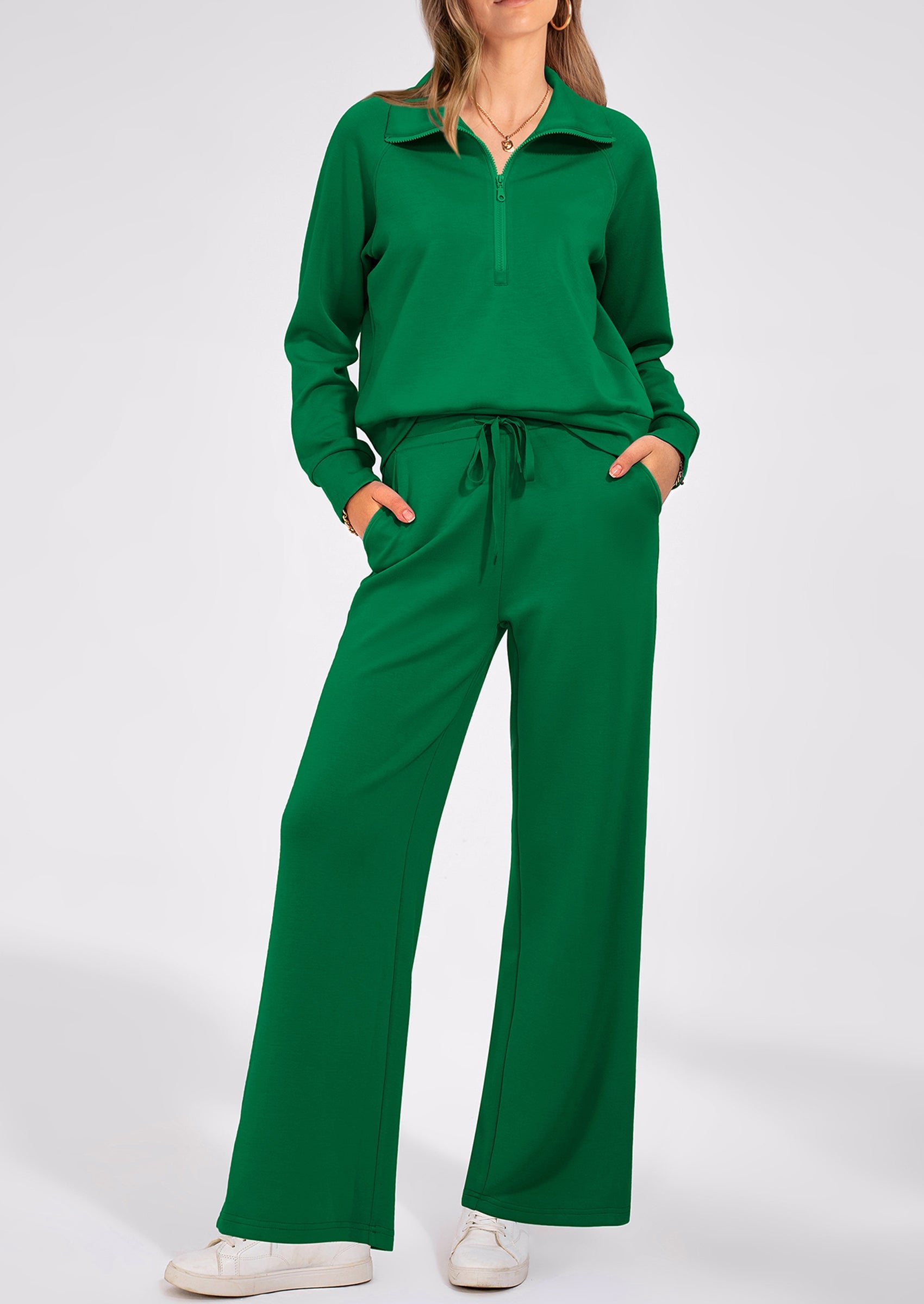 Women's 2 Piece Outfits Casual Lapel Half Zip Sweatshirts And Wide Leg Pants Tracksuit Sets