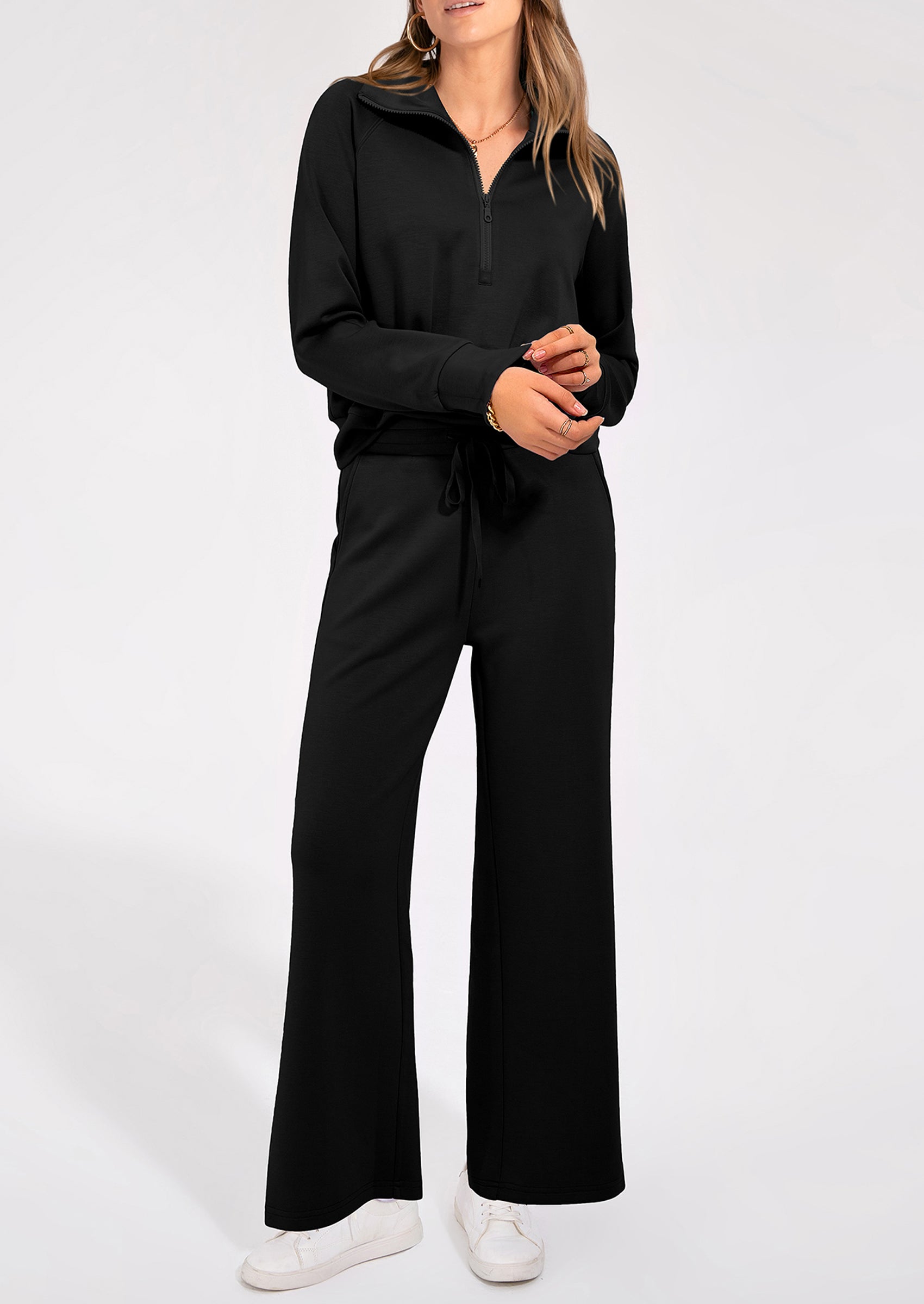 Women's 2 Piece Outfits Casual Lapel Half Zip Sweatshirts And Wide Leg Pants Tracksuit Sets