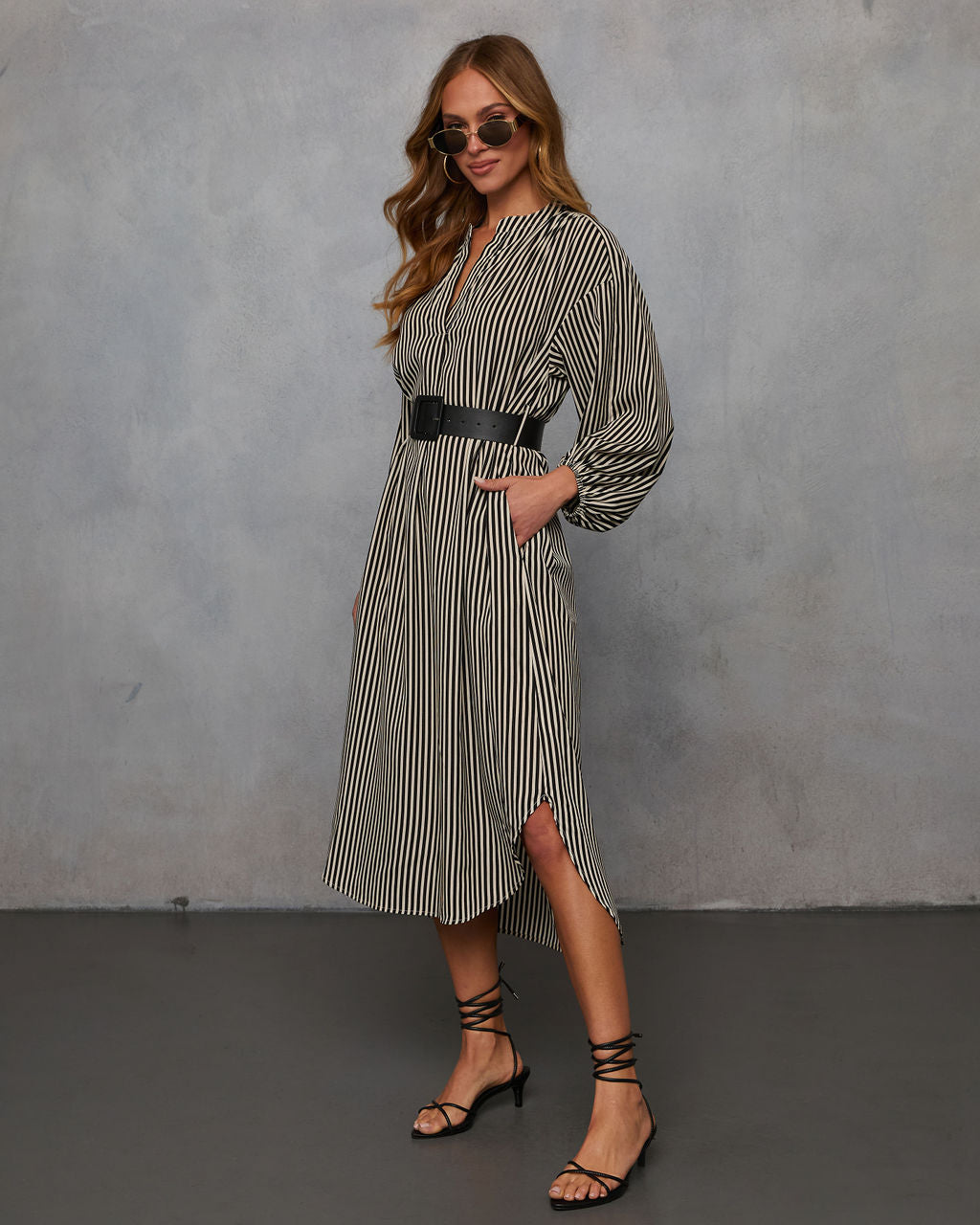 Dimarco Striped Pocketed Belted Midi Dress