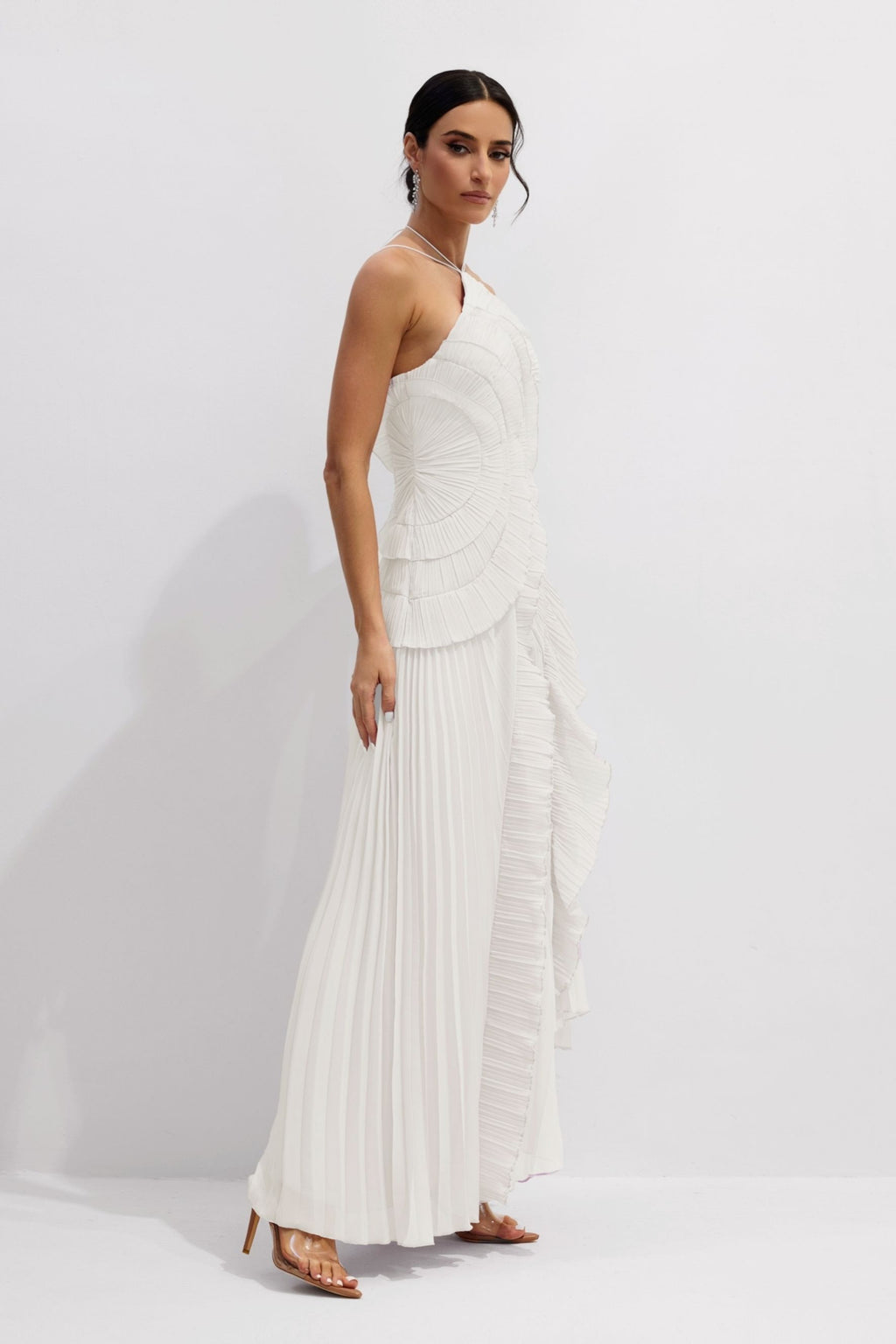 Nina Asymmetry Pleated Halterneck Midi Dress