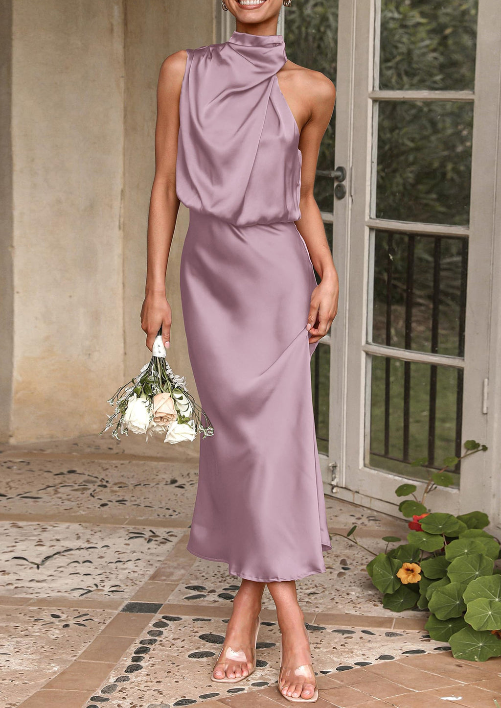 Women's Summer Satin Dress Elegant Sleeveless Mock Neck Cocktail Party Maxi Dresses