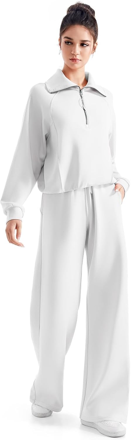 SUUKSESS Women 2 Piece Lounge Matching Set Wide Leg Sweatpant Half Zip Sweatshirt