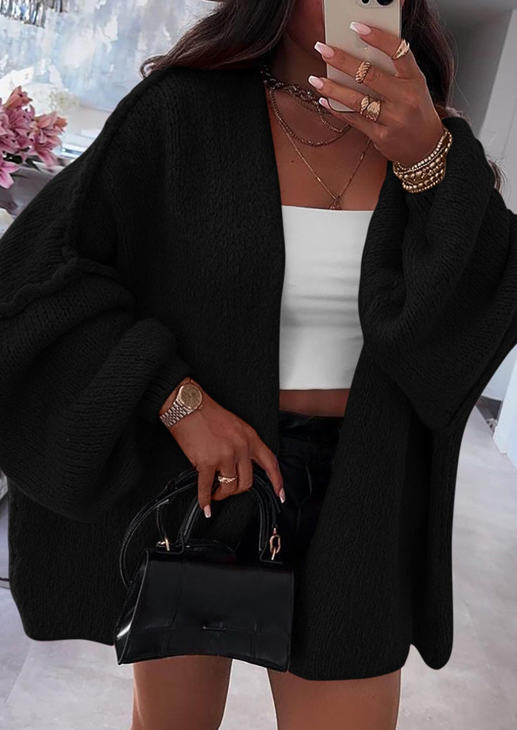 Womens Oversized Cardigan Sweaters Fall Long Lantern Sleeve Knit Open Front Lightweight Sweater