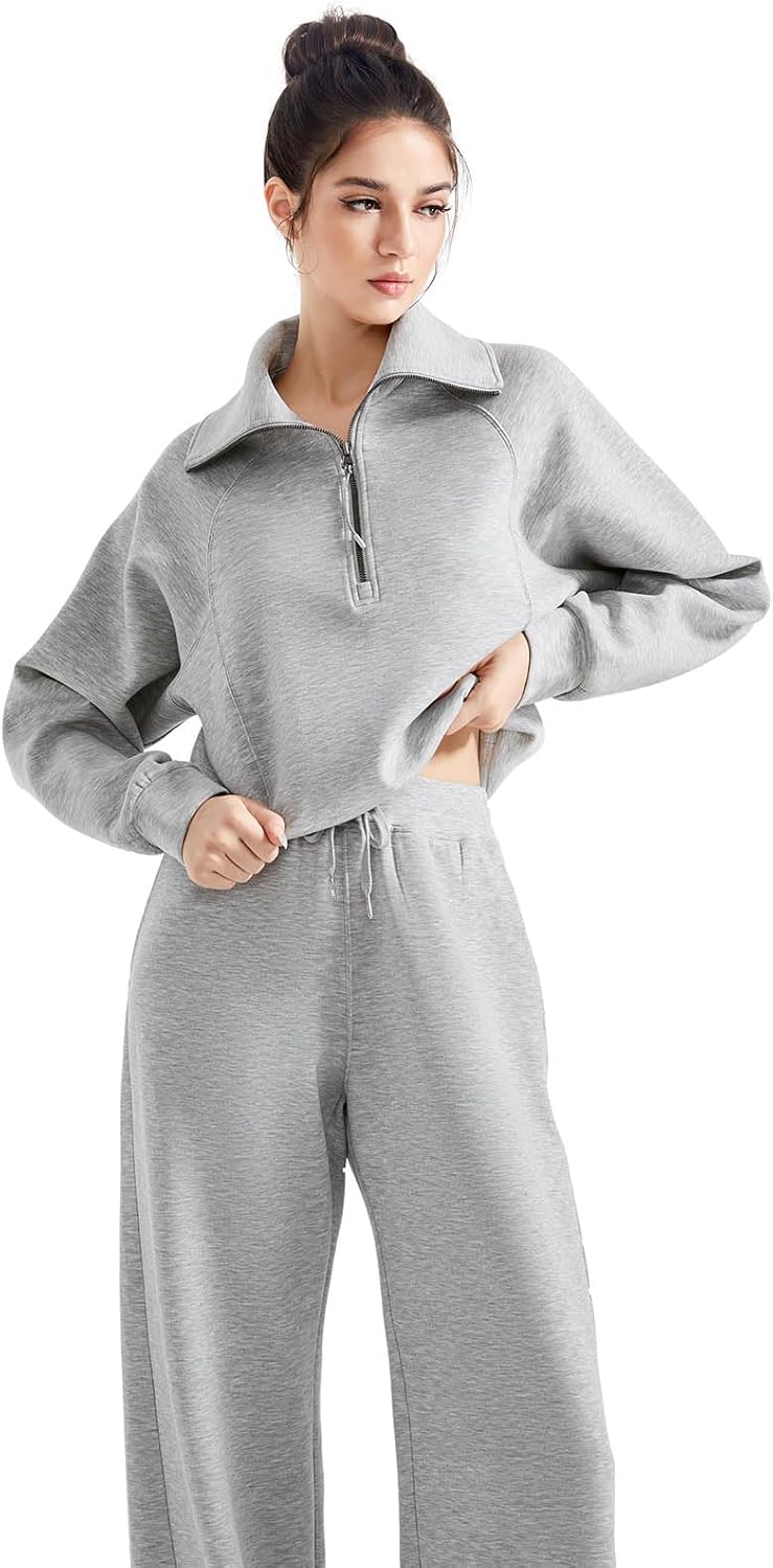 SUUKSESS Women 2 Piece Lounge Matching Set Wide Leg Sweatpant Half Zip Sweatshirt