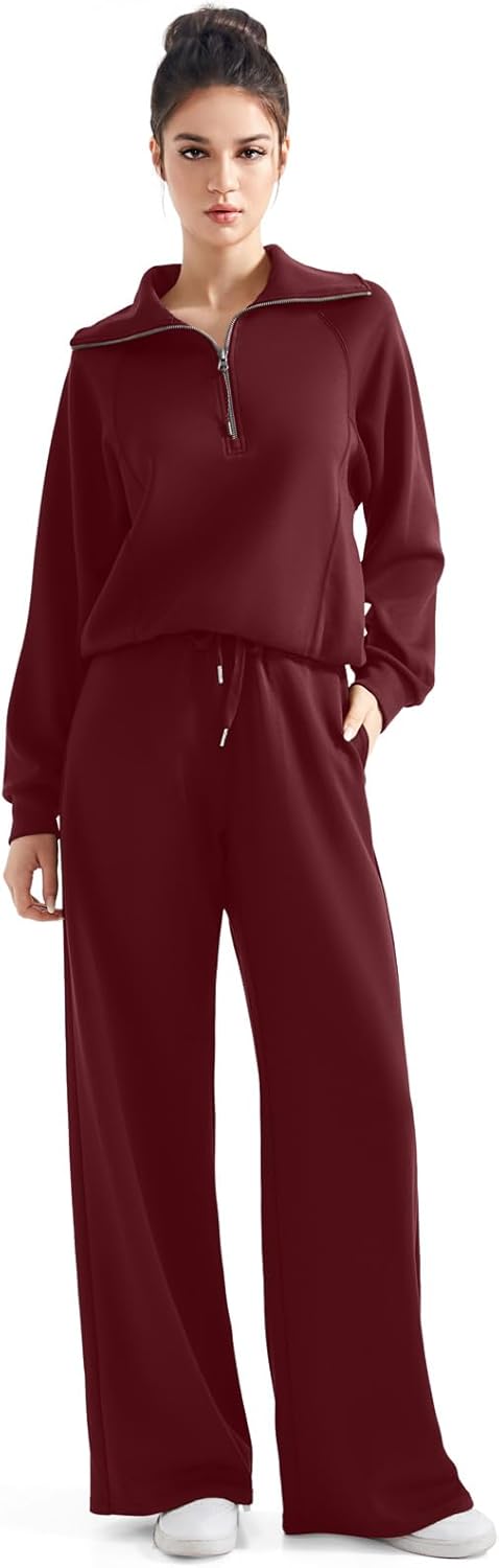 SUUKSESS Women 2 Piece Lounge Matching Set Wide Leg Sweatpant Half Zip Sweatshirt