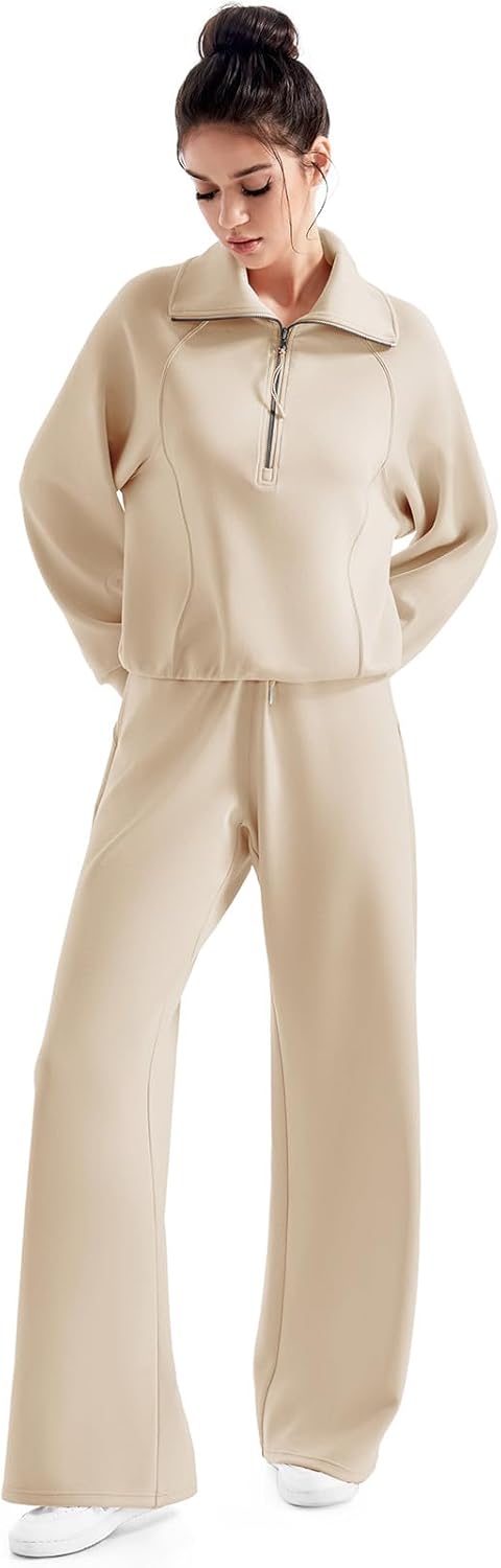 SUUKSESS Women 2 Piece Lounge Matching Set Wide Leg Sweatpant Half Zip Sweatshirt