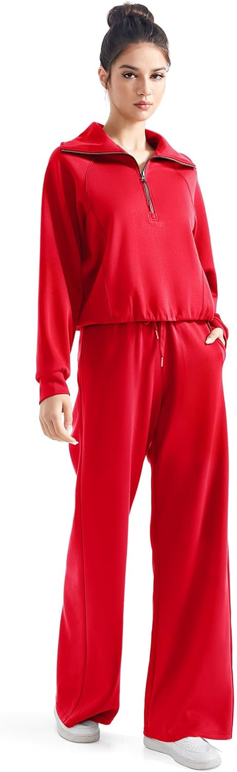 SUUKSESS Women 2 Piece Lounge Matching Set Wide Leg Sweatpant Half Zip Sweatshirt