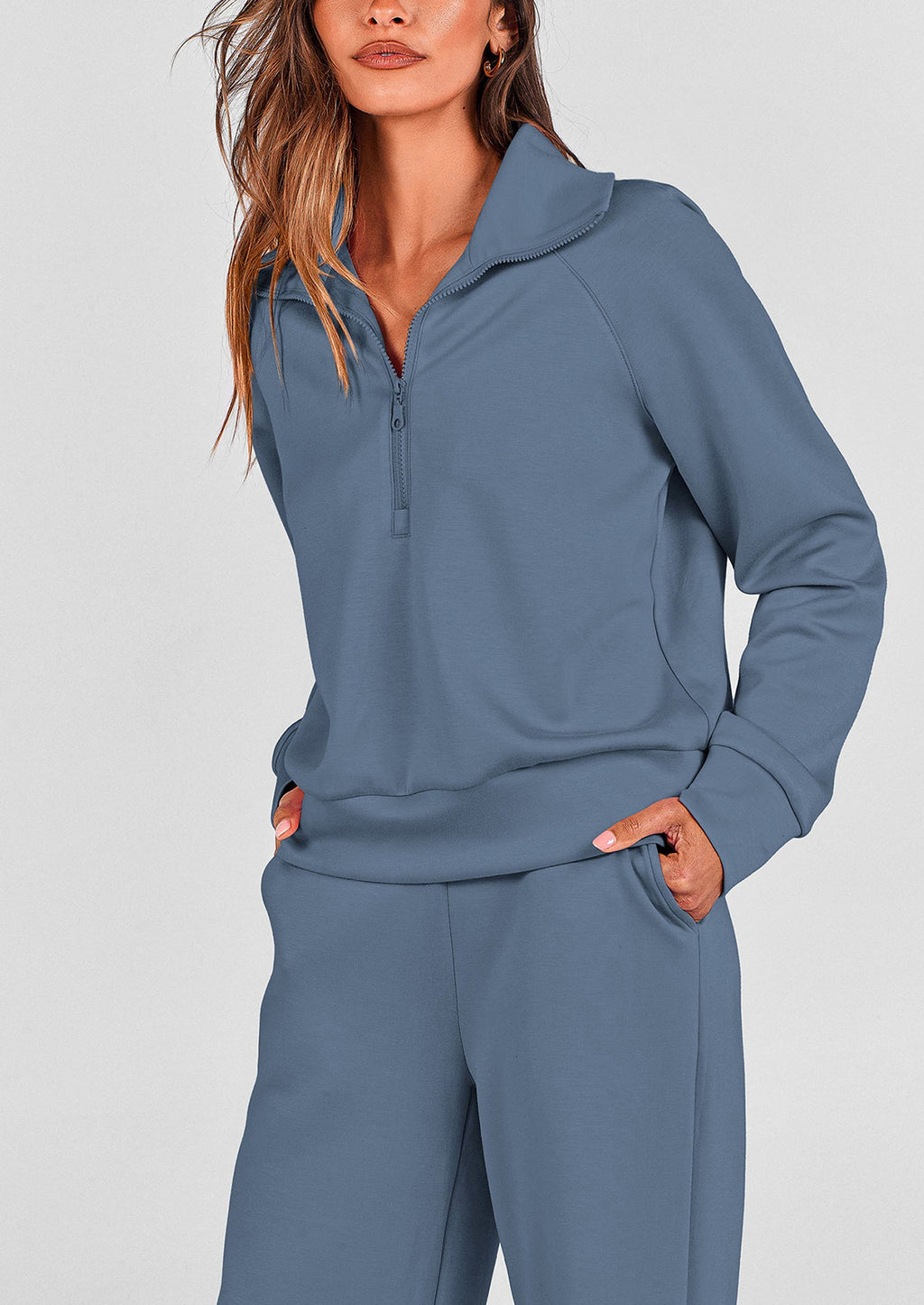 Women's 2 Piece Outfits Casual Lapel Half Zip Sweatshirts And Wide Leg Pants Tracksuit Sets