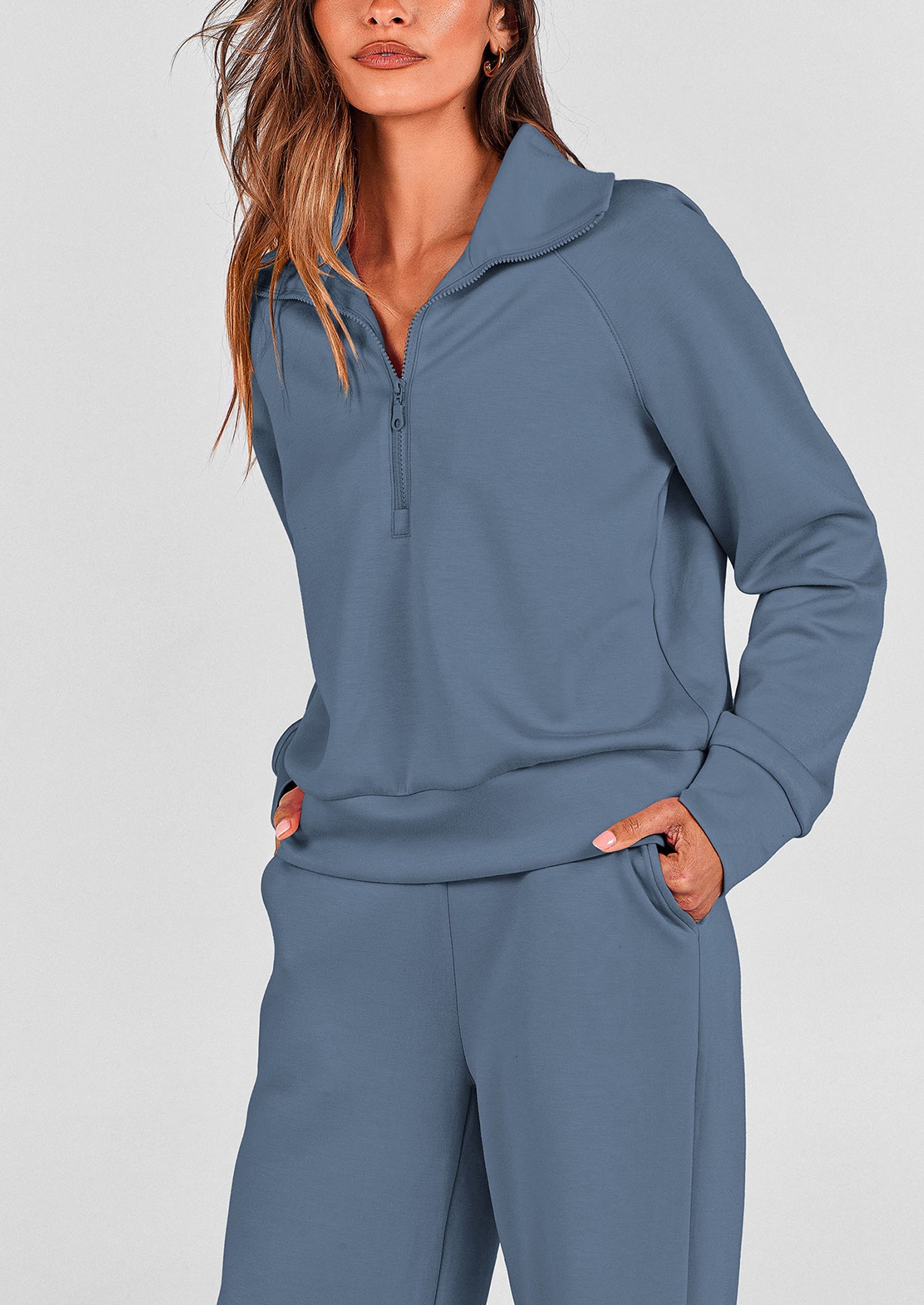 Women's 2 Piece Outfits Casual Lapel Half Zip Sweatshirts And Wide Leg Pants Tracksuit Sets