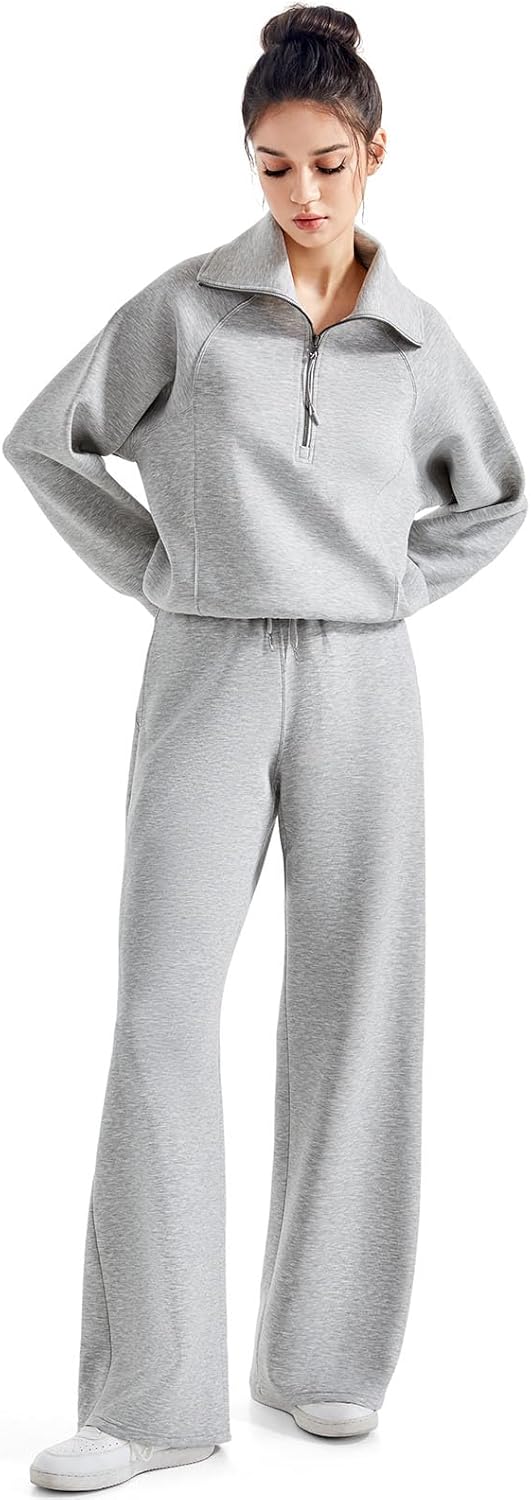 SUUKSESS Women 2 Piece Lounge Matching Set Wide Leg Sweatpant Half Zip Sweatshirt
