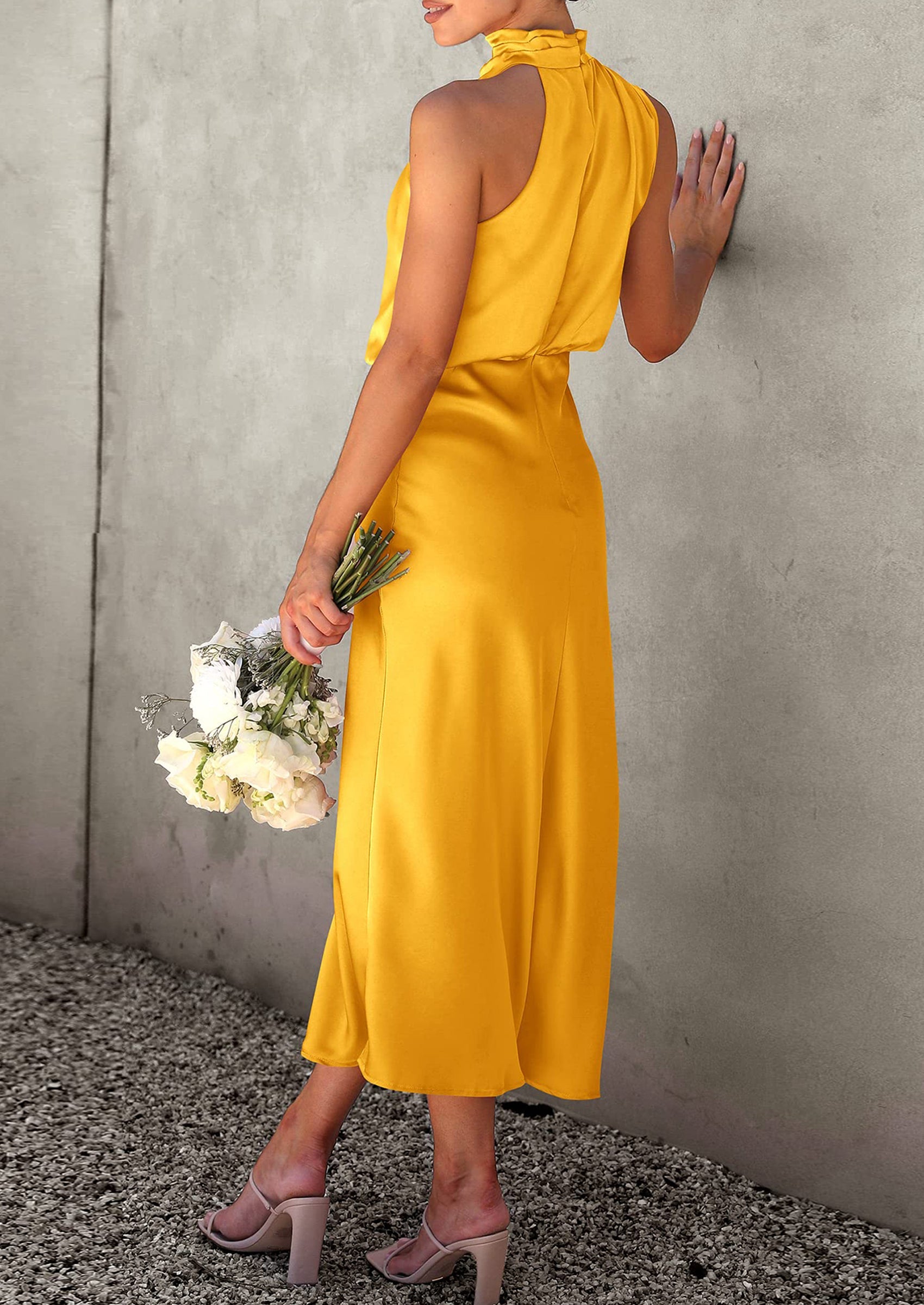 Women's Summer Satin Dress Elegant Sleeveless Mock Neck Cocktail Party Maxi Dresses