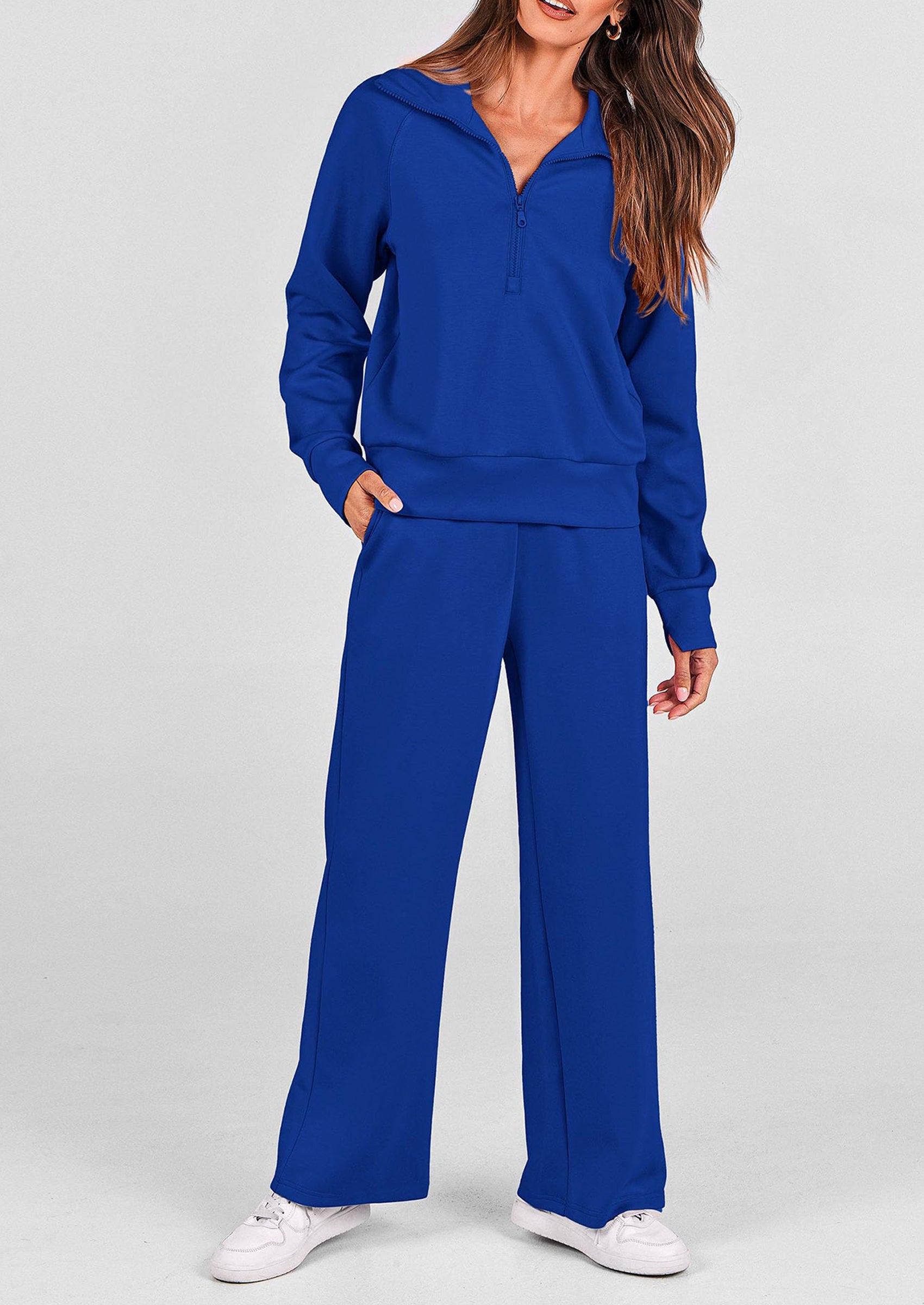 Women's 2 Piece Outfits Casual Lapel Half Zip Sweatshirts And Wide Leg Pants Tracksuit Sets