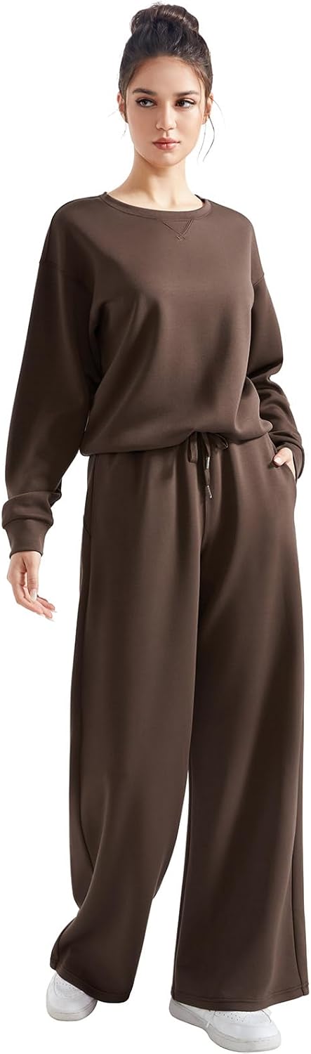 SUUKSESS Women Modal Fall 2 piece outfits Oversized Sweatshirt Wide Leg Pants