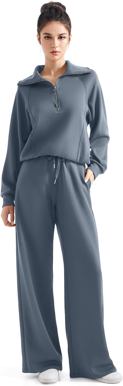 SUUKSESS Women 2 Piece Lounge Matching Set Wide Leg Sweatpant Half Zip Sweatshirt